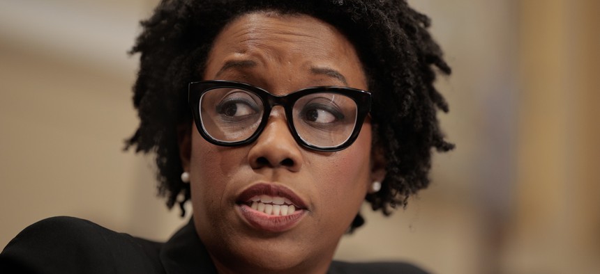House Appropriations' Homeland Security Subcommittee ranking member Rep. Lauren Underwood (D-IL) questions Homeland Security Secretary Kristie Noem during a hearing  on May 06, 2025 in Washington, DC. Underwood on Thursday questioned the acting CISA director on the reason for large budget cuts at the agency.