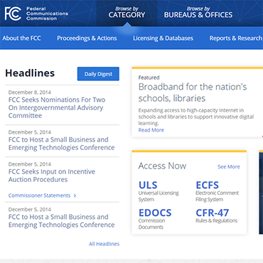 Screen capture of the FCC's website redesign. (04.21.2015)