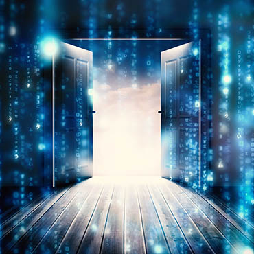 Shutterstock image (by wavebreakmedia): doors opening to a sky of clouds and code.