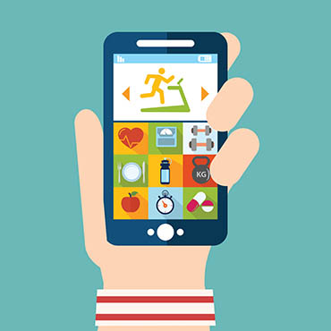 Shutterstock image (by Graphicworld): hand holding a mobile phone indicating a health application.