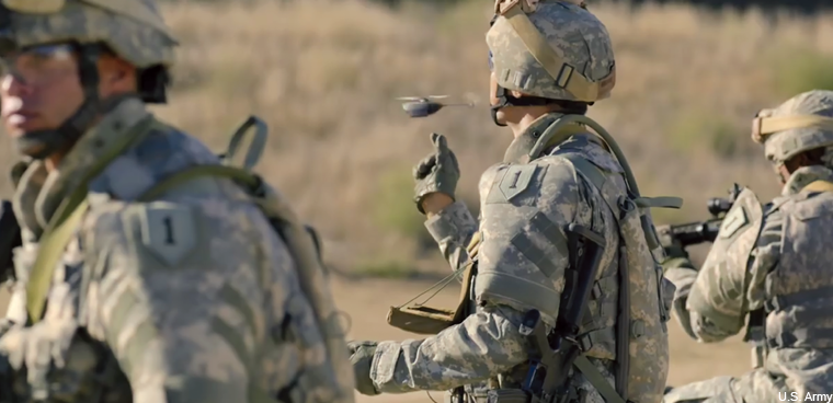 Screenshot of U.S. Army “microdrone” commercial published 21 November 2016 on YouTube. (Screenshot courtesy of the U.S. Army)