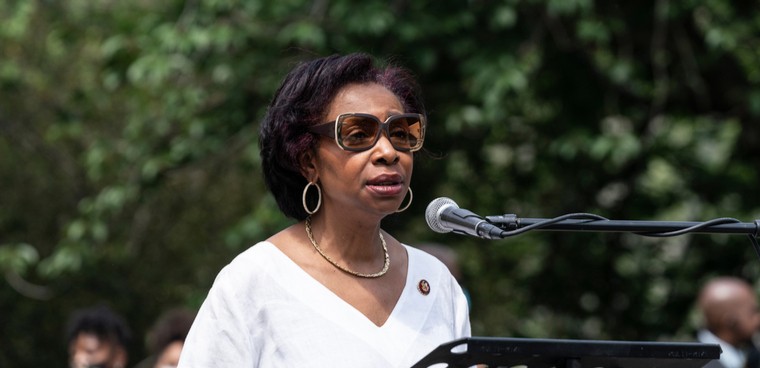 Yvette Clarke speaks during memorial service for George Floyd on Cadman Plaza. Editorial credit: lev radin / Shutterstock.com