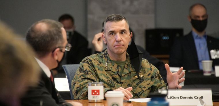 Marine Corps Lt. Gen. Dennis A. Crall.  JADC2 Data Summit at Aberdeen Proving Ground, Md. Jan. 26, 2021. DOD photo by Justin Eimers