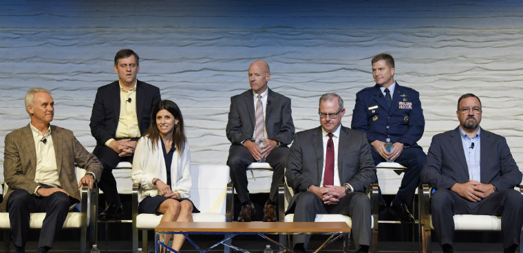 Juliane Gallina (third from left) joins a panel of intelligence community CIOs at a conference in August, 2019. (Photo credit: David Richards/Defense Intelligence Agency)