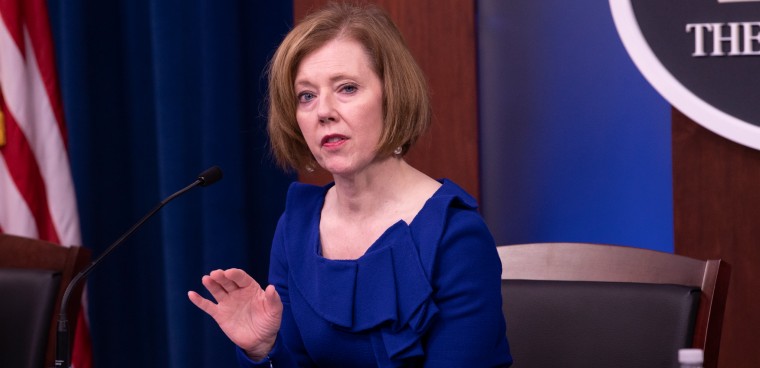Chief Management Officer, Lisa W. Hershman, answers questions during a press briefing in the Pentagon Briefing Room May 26, 2020 to discuss COVID-19 travel restrictions and Pentagon updates. (DoD photo by Marvin Lynchard)