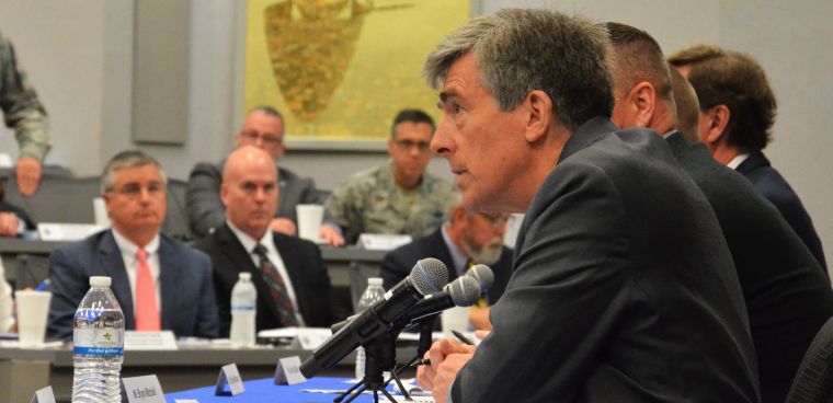 Chris Inglis takes a question during a Naval Academy cybersecurity event May 2, 2018. (U.S. Air Force photo by Maj. Jon Quinlan)