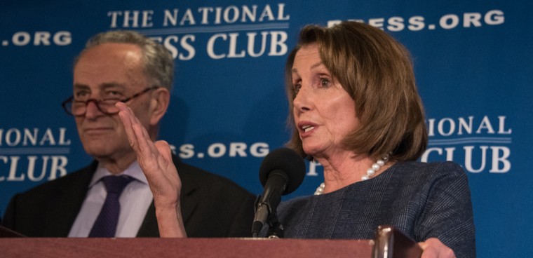 Editorial credit: Albert H. Teich / Shutterstock.com Washington, DC - February 27, 2017: House Minority Leader Nancy Pelosi and Senate Minority Leader Chuck Schumer speak to a joint press conference at the National Press Club