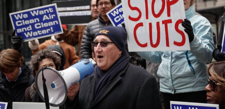 AFGE Local 704 union President Michael Mikulka speaks as Environmental Protection Agency (EPA) workers protest job cuts during rally in Chicago, Illinois, March 2, 2017. By John Gress Media Inc