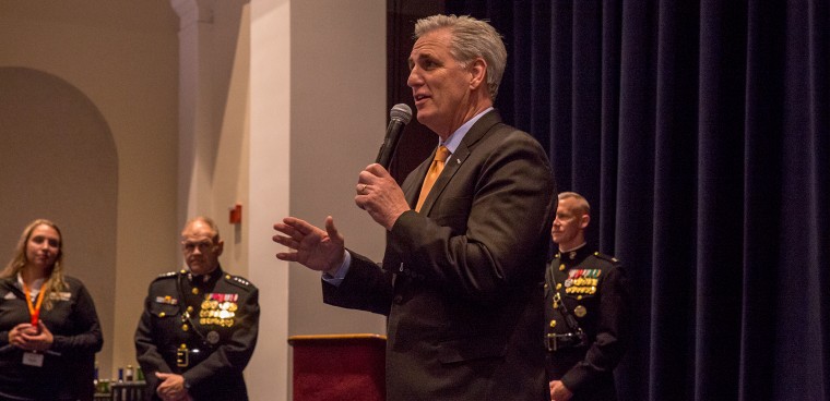 The Honorable Kevin McCarthy, California’s 23rd Congressional District Congressman, speaks during an indoor ceremony at Marine Barracks Washington D.C., May 18, 2018. Mr. McCarthy was the guest of honor, and the ceremony was hosted by Commandant of the Marine Corps Gen. Robert B. Neller. (Official Marine Corps photo by Sgt. Robert Knapp/Released)