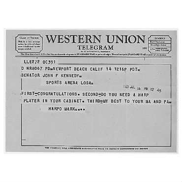 Telegram from Harpo Marx to JFK (Image from the National Archives)