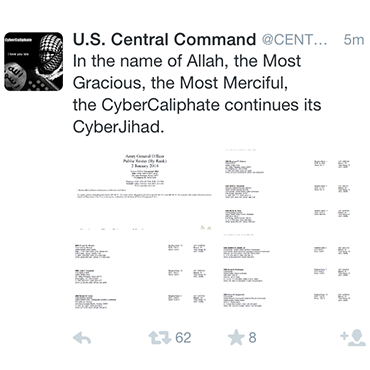 Screen capture of the U.S. Cyber Command's hacked twitter account.