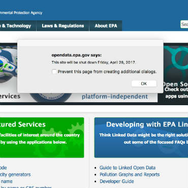 April 24, 2017 screenshot of opendata.epa.gov.  The message was changed later that day to say 
