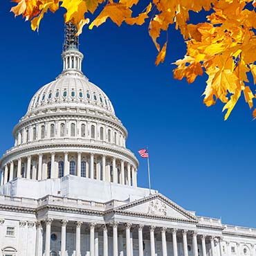 Shutterstock image: the Capitol Building in the fall with orange leaves.