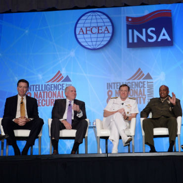 INSA panel. Comey, Brennan, Rogers, Stewart. Photo credit Herman Farrer.