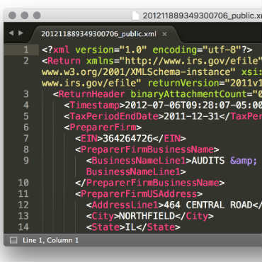 IRS 990 form data in XML format (Image from Amazon Web Services)