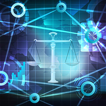 Shutterstock image (by Adam Vilimek): scale of justice amid a data transfer. 