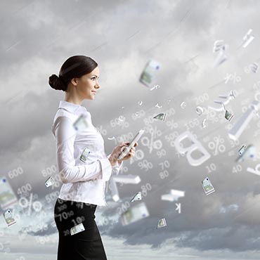 Shutterstock image (by Sergey Nivens): Businesswoman surrounded by financial data.