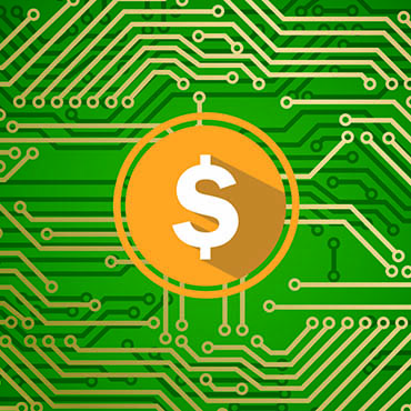 Shutterstock images (honglouwawa & 0beron): Bitcoin image overlay replaced with a dollar sign on a hardware circuit.
