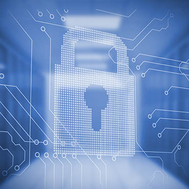 Shutterstock image (by wavebreakmedia): digital lock superimposed upon a data center.