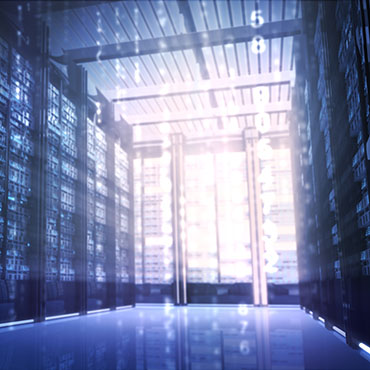Shutterstock image (by Andrey VP): glowing data center with a falling matrix.